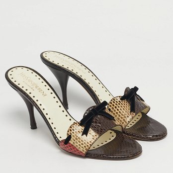 Multicolor Snakeskin Leather Bow Slide Sandals
