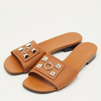 Dune Bois Tan Leather Flat Slide Sandals