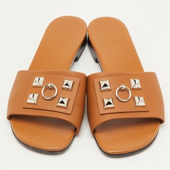 Dune Bois Tan Leather Flat Slide Sandals