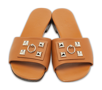 Dune Bois Tan Leather Flat Slide Sandals