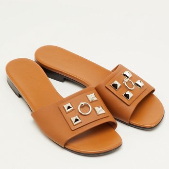 Dune Bois Tan Leather Flat Slide Sandals