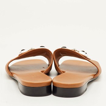 Dune Bois Tan Leather Flat Slide Sandals