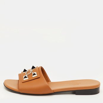 Dune Bois Tan Leather Flat Slide Sandals