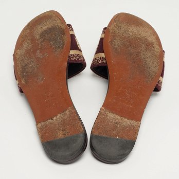 Dway Burgundy/Beige Canvas Flat Sandals