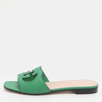 Interlocking GG Cutout Green Leather Flat Sandals