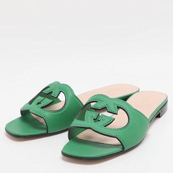 Interlocking GG Cutout Green Leather Flat Sandals
