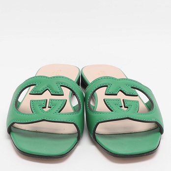Interlocking GG Cutout Green Leather Flat Sandals