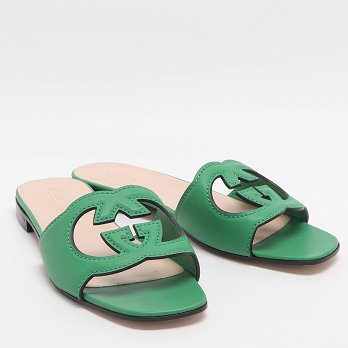Interlocking GG Cutout Green Leather Flat Sandals