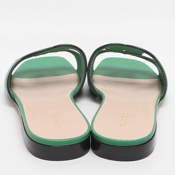 Interlocking GG Cutout Green Leather Flat Sandals