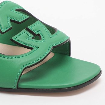 Interlocking GG Cutout Green Leather Flat Sandals