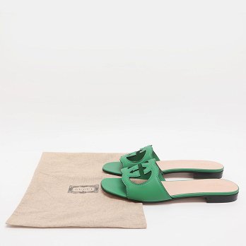 Interlocking GG Cutout Green Leather Flat Sandals