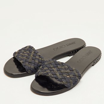 Jimmy Choo Navy Blue/Grey Woven Fabric Flat Slide Sandals Size 37