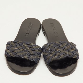 Jimmy Choo Navy Blue/Grey Woven Fabric Flat Slide Sandals Size 37