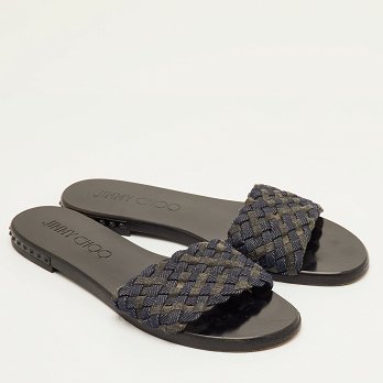 Jimmy Choo Navy Blue/Grey Woven Fabric Flat Slide Sandals Size 37