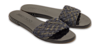 Jimmy Choo Navy Blue/Grey Woven Fabric Flat Slide Sandals Size 37