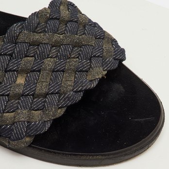 Jimmy Choo Navy Blue/Grey Woven Fabric Flat Slide Sandals Size 37