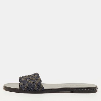 Jimmy Choo Navy Blue/Grey Woven Fabric Flat Slide Sandals Size 37