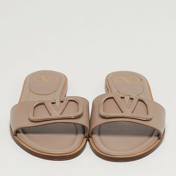 Escape V logo Beige Leather Flat Slides