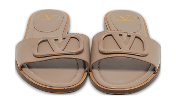 Escape V logo Beige Leather Flat Slides