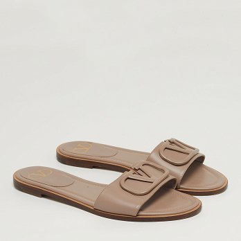 Escape V logo Beige Leather Flat Slides