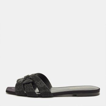 Tribute Black Leather Flat Slides
