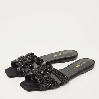 Tribute Black Leather Flat Slides