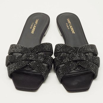 Tribute Black Leather Flat Slides