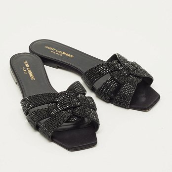 Tribute Black Leather Flat Slides