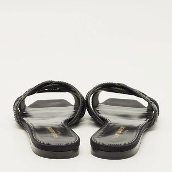 Tribute Black Leather Flat Slides