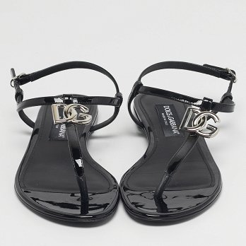 DG Logo Black Patent Leather Thong Flats