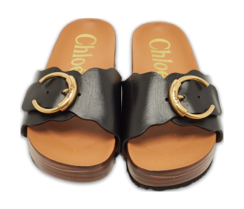 Laurena Scalloped Black Leather Slide Sandals