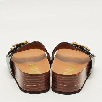 Laurena Scalloped Black Leather Slide Sandals