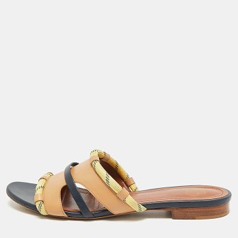 Beige/Navy Blue Canvas and Leather Flat Slides