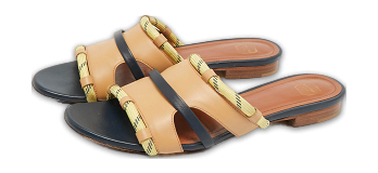 Beige/Navy Blue Canvas and Leather Flat Slides