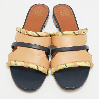 Beige/Navy Blue Canvas and Leather Flat Slides