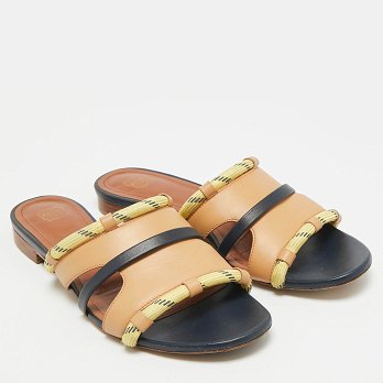 Beige/Navy Blue Canvas and Leather Flat Slides