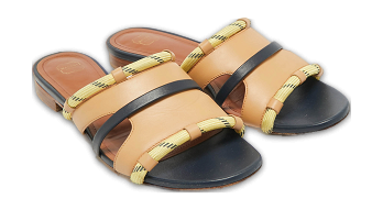 Beige/Navy Blue Canvas and Leather Flat Slides