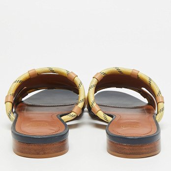 Beige/Navy Blue Canvas and Leather Flat Slides