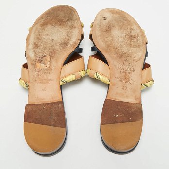 Beige/Navy Blue Canvas and Leather Flat Slides