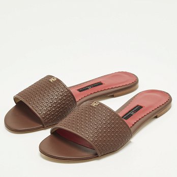 Burgundy Monogram Embossed Leather Flat Slide Sandals