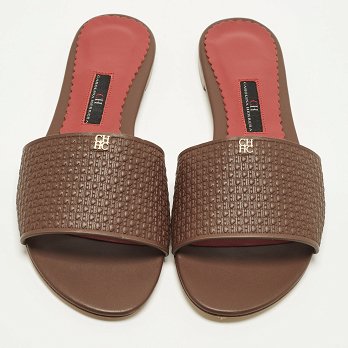Burgundy Monogram Embossed Leather Flat Slide Sandals