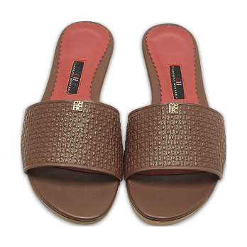 Burgundy Monogram Embossed Leather Flat Slide Sandals