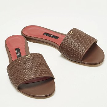 Burgundy Monogram Embossed Leather Flat Slide Sandals
