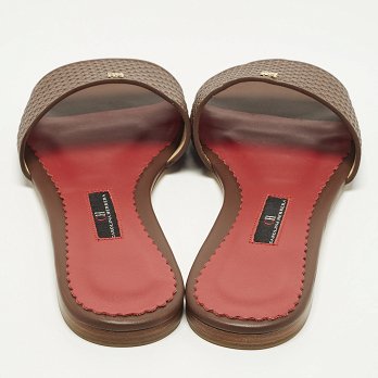 Burgundy Monogram Embossed Leather Flat Slide Sandals