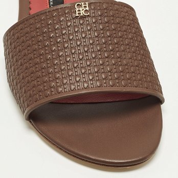 Burgundy Monogram Embossed Leather Flat Slide Sandals