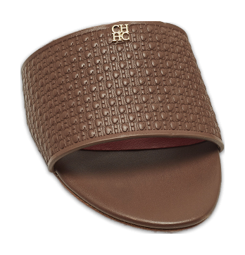 Burgundy Monogram Embossed Leather Flat Slide Sandals