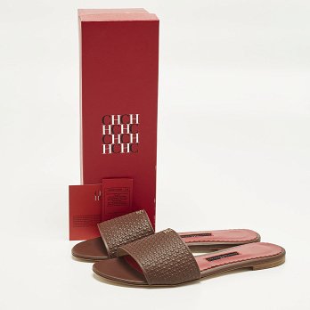 Burgundy Monogram Embossed Leather Flat Slide Sandals