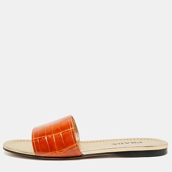 Brown Croc Embossed Leather Flat Slide