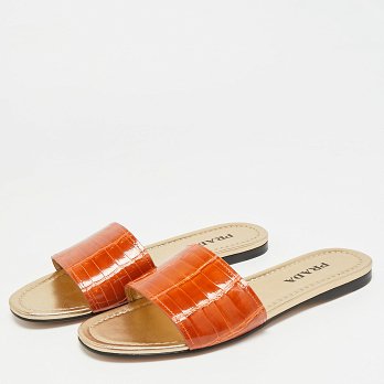 Brown Croc Embossed Leather Flat Slide