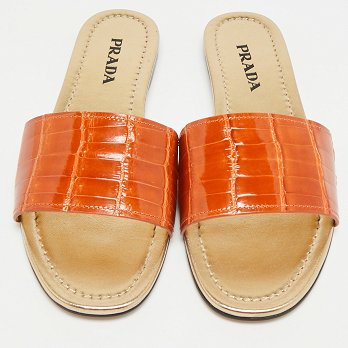 Brown Croc Embossed Leather Flat Slide